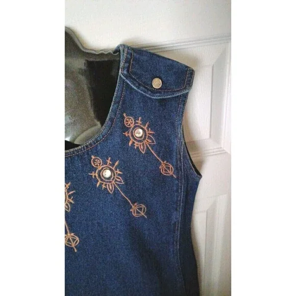Vintage Molato Denim Maxi Dress Size Large Sleeveless Jean Embroidered Jeweled - Picture 5 of 11